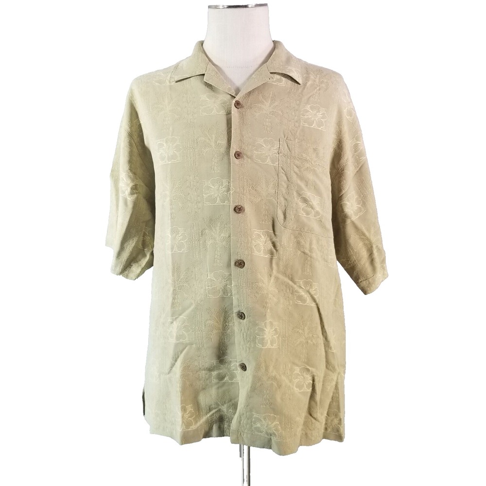 Tommy Bahama Shirt Mens L Green Floral Silk Tiki Aloha Tropical Button Up